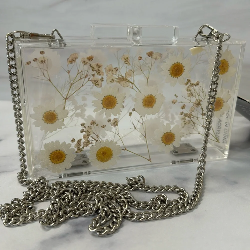 Daisies acrylic transparent lucite box clutch with silver chain strap๐ผ - Picture 3 of 15